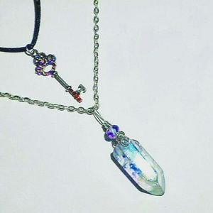 SOLD • Large Aura Quartz point & Key NECKLACE SET